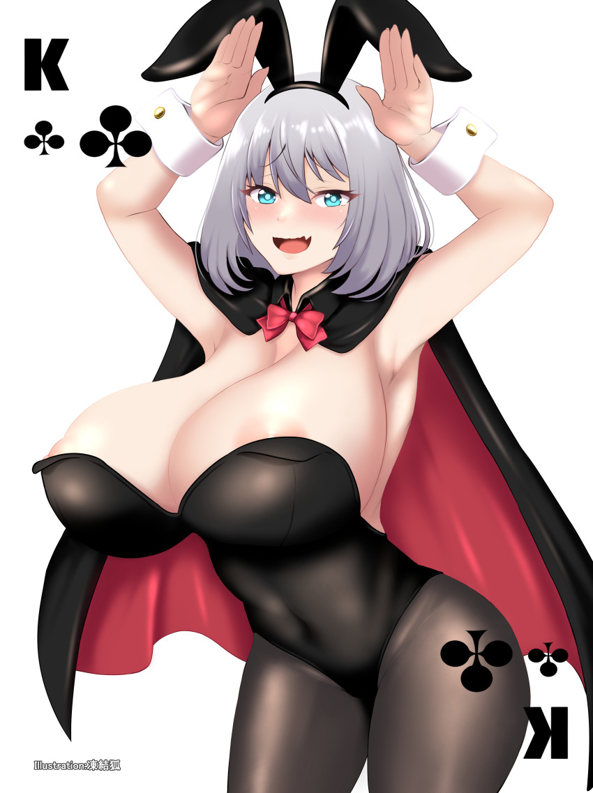 1girl absurdres animal_ears areola_slip armpits arms_up artist_name black_leotard black_pantyhose blue_eyes bow bowtie breasts cape covered_navel cowboy_shot dot_nose embarrassed eyebrows eyelashes fake_animal_ears fang female_focus grey_hair highres huge_breasts incro300 leaning_forward leotard looking_at_viewer medium_hair nervous nervous_smile nipple_slip nipples open_mouth pantyhose rabbit_ears rabbit_pose red_bow red_bowtie simple_background skin_fang smile solo standing strapless strapless_leotard tejina_senpai tejina_senpai_(series) tongue two-tone_cape variant_set watermark wavy_mouth white_background wide_hips