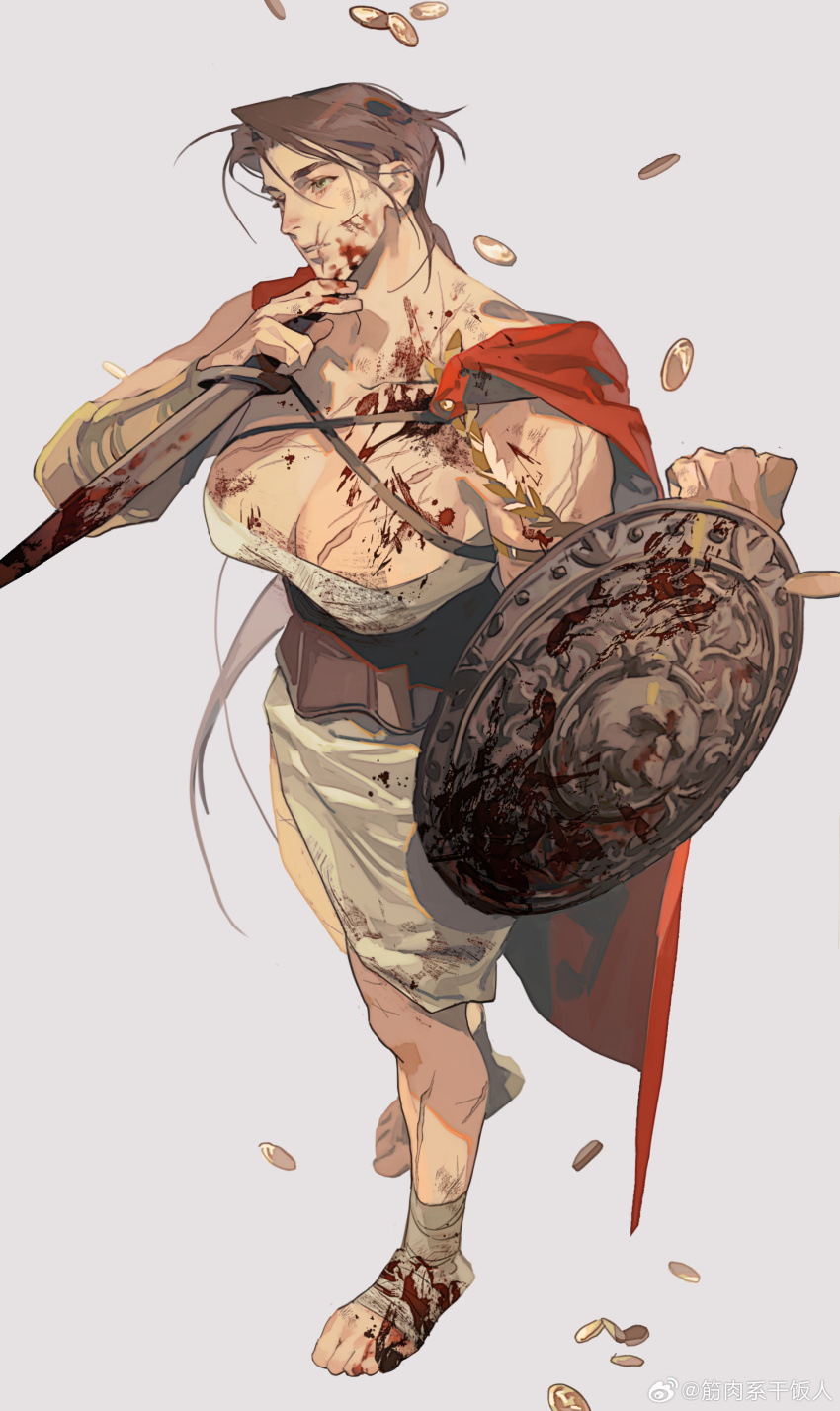 1girl absurdres blood blood_on_breasts blood_on_face bloody_weapon breasts brown_hair cape cleavage coin gold_coin grey_background highres holding holding_sword holding_weapon large_breasts muscle_foodie muscular muscular_female original red_cape scar scar_on_face scar_on_mouth shield sword toga watermark weapon weibo_username weibo_watermark