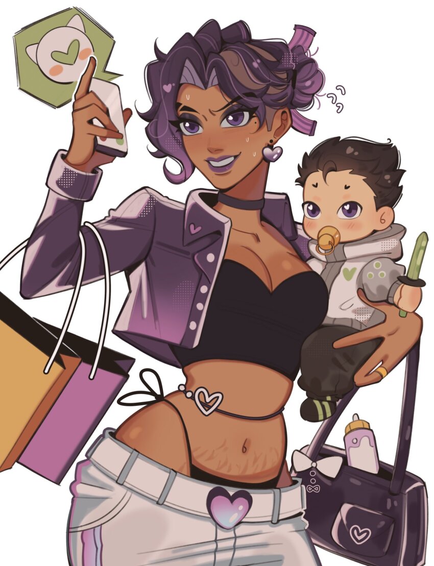 1boy 1girl alternate_costume bag black_choker black_panties black_tube_top breasts brown_hair cable_hair carrying carrying_person cellphone child choker cleavage cowboy_shot dark-skinned_female dark_skin earrings eyebrow_cut fusion genji_(overwatch) handbag heart heart_earrings highres holding holding_bag holding_phone holding_sword holding_weapon if_they_mated jacket jewelry kaiwankon medium_breasts midriff navel open_clothes open_jacket overwatch pacifier panties pants panty_peek panty_straps phone purple_eyes purple_jacket short_hair smartphone sombra_(overwatch) strapless stretch_marks sweat sword tube_top underwear weapon white_pants