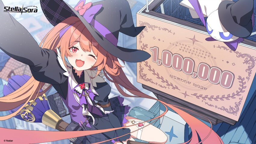 1girl absurdly_long_hair black_hat black_jacket black_skirt blurry blurry_background broom broom_riding commentary copyright_name copyright_notice english_commentary freesia_(stella_sora) hat highres jacket juliet_sleeves long_hair long_sleeves looking_at_viewer milestone_celebration miniskirt official_art orange_eyes orange_hair pleated_skirt puffy_sleeves second-party_source selfie skirt solo stella_sora twintails very_long_hair witch_hat zenmaibook