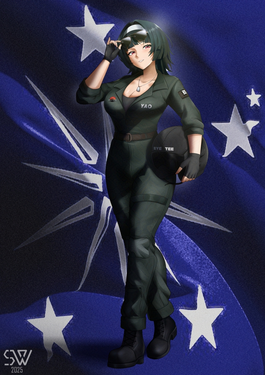 1girl 2025 absurdres adjusting_eyewear adversarial_noise artist_logo astra_yao aviator_sunglasses bangboo_(zenless_zone_zero) belt black_boots black_gloves black_hair black_helmet boots breasts brown-tinted_eyewear brown_belt cleavage clothes_writing commentary commission crossover dog_tags english_commentary eye-tee_(project_wingman) fingerless_gloves flag_background full_body gloves green_jumpsuit grin hairband hand_up helmet highres holding holding_helmet jumpsuit large_breasts logo medium_hair military molly_zhang open_clothes open_shirt pacific_federation_flag pilot_helmet pink_eyes project_wingman shon_(seanwave) sleeves_rolled_up smile snap_(zenless_zone_zero) standing sunglasses tinted_eyewear uneven_bangs unit_patch voice_actor_connection zenless_zone_zero