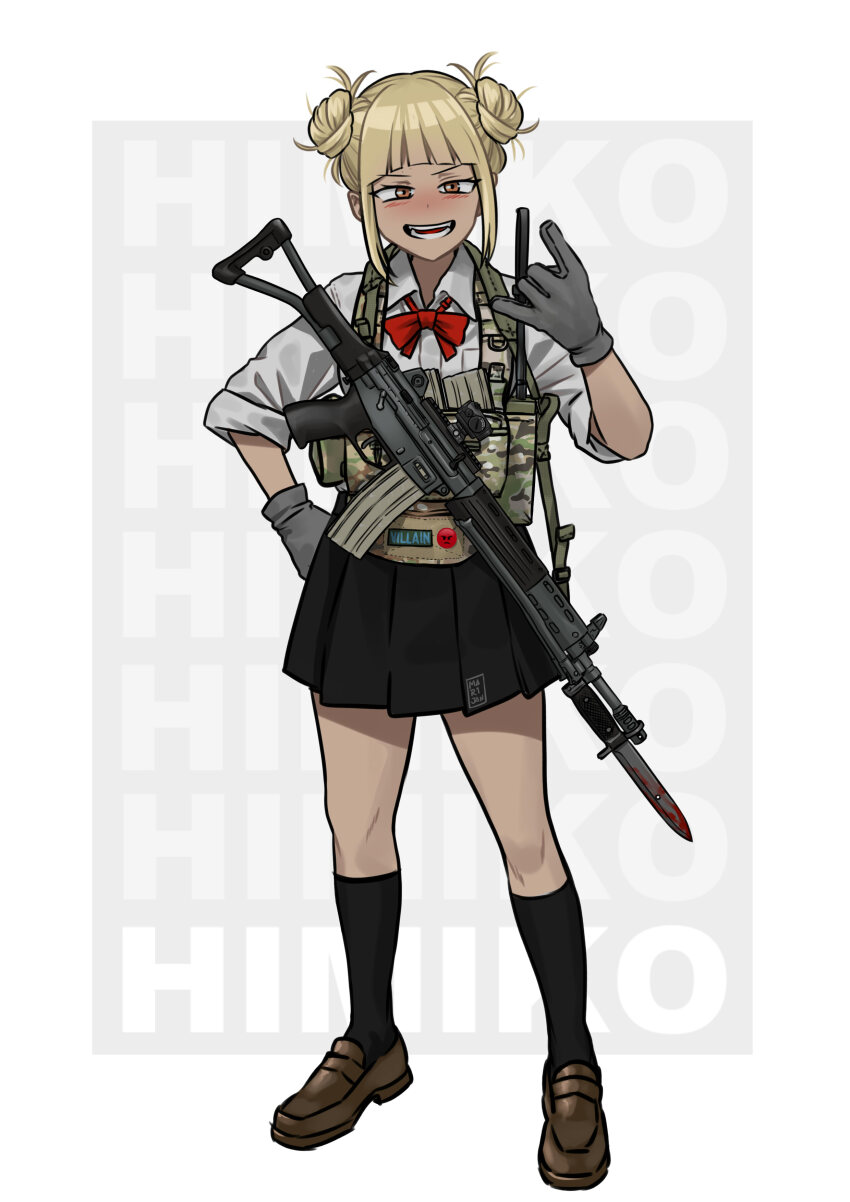 1girl absurdres assault_rifle battle_rifle bayonet blonde_hair blunt_bangs blush boku_no_hero_academia character_name double_bun gloves gun hair_bun highres howa_type_89 load_bearing_vest looking_at_viewer magazine_(weapon) mardjan messy_hair military_operator open_mouth optical_sight rail_(weapon) rifle school_uniform short_hair sidelocks skirt solo toga_himiko weapon yellow_eyes