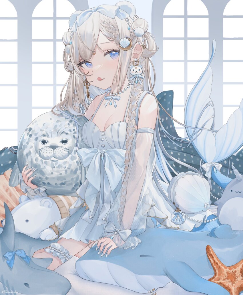 1girl :q animal_earrings bear_earrings blonde_hair blue_dress blue_eyes blue_nails braid commentary detached_sleeves dress earrings highres jewelry key_earrings long_hair mismatched_earrings necklace original rainnchu see-through_clothes see-through_sleeves side_braid sitting solo stuffed_animal stuffed_dolphin stuffed_seal stuffed_toy swept_bangs symbol-only_commentary tongue tongue_out