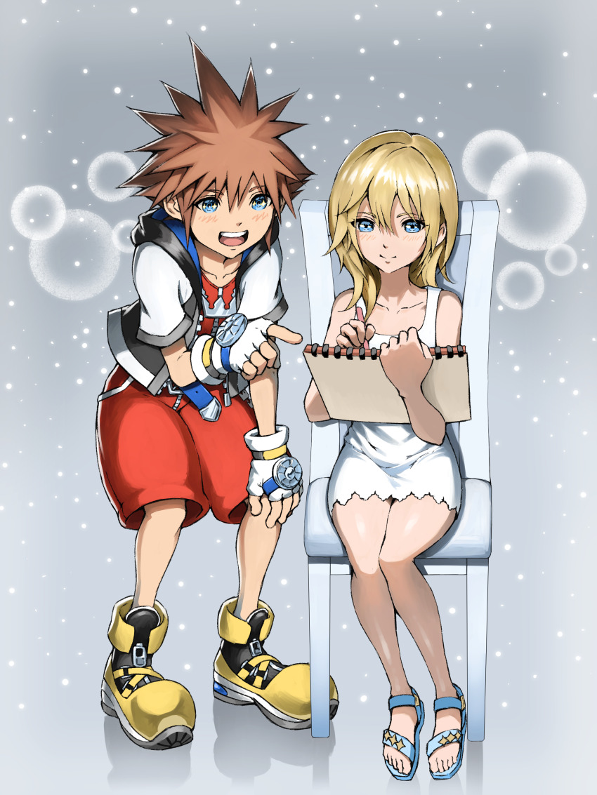 1boy 1girl absurdres bare_shoulders blonde_hair blue_eyes blue_footwear blush brown_hair bubble chair closed_mouth collarbone commentary_request cropped_jacket drawing_(action) dress fingerless_gloves gloves grey_background highres holding holding_notebook hood hood_down hooded_jacket index_finger_raised jacket kingdom_hearts kingdom_hearts:_chain_of_memories long_hair namine notebook open_mouth pointing pointy_hair sandals shoes sitting sleeveless sleeveless_dress smile sora_(kingdom_hearts) white_dress white_gloves white_jacket yellow_shoes zupakyo