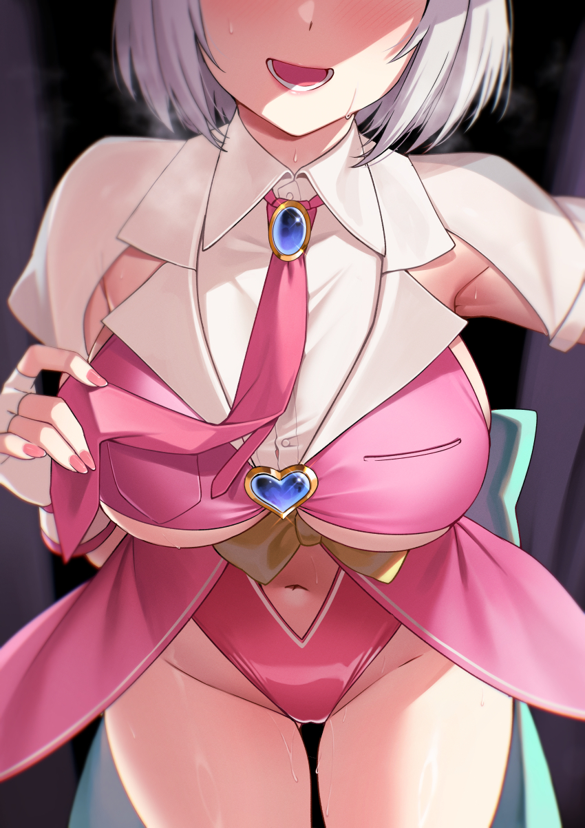 1girl absurdres blush breasts brooch clothing_cutout deras eyes_out_of_frame fingerless_gloves gakuen_idolmaster gloves grey_hair head_out_of_frame highres idolmaster jewelry katsuragi_lilja large_breasts leotard navel navel_cutout necktie open_mouth pink_leotard short_hair smile solo thighs underboob white_gloves