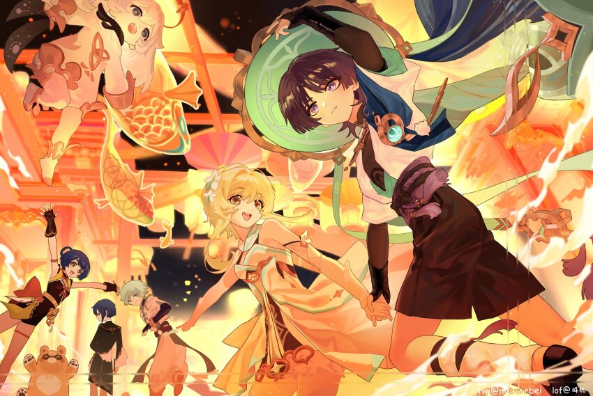 3boys 3girls ahoge anemo_symbol_(genshin_impact) aqua_gemstone aqua_hat aqua_kimono aqua_sleeves arm_at_side arm_behind_back arm_cutout arm_up armband armor arms_up belt black_belt black_bodysuit black_bow black_bridal_gauntlets black_corset black_dress black_eyes black_gloves black_leggings black_sandals black_shorts black_sleeves blonde_hair bloomers blue_cape blue_eyes blue_flower blue_hair blue_trim blunt_bangs blunt_ends bodysuit bow bracelet bridal_gauntlets bright_pupils brown_eyes cape chinese_clothes chinese_knot chongyun_(genshin_impact) coattails corset detached_sleeves dress elbow_gloves eyeliner eyeshadow feathers festival fingerless_gloves floating flower frilled_sleeves frills gem genshin_impact gloves gold gold_ring guoba_(genshin_impact) hair_flower hair_intakes hair_ornament han&#039;eri hat hetero highres holding_hands hood hooded_jacket jacket japanese_armor japanese_clothes jewelry jingasa kimono kote kurokote lantern layered_kimono layered_sleeves leg_warmers leggings levitation long_sleeves looking_at_another looking_at_viewer looking_back looking_to_the_side lumine_(genshin_impact) makeup mandarin_collar middle_ring miemiebei multicolored_flower multiple_boys multiple_girls night open_clothes open_hands open_kimono open_mouth outstretched_arms paimon_(genshin_impact) pants paper_lantern parted_bangs pelvic_curtain pointing pointing_forward pom_pom_(clothes) purple_eyes purple_rope purple_sash red_bow red_eyeliner red_eyeshadow rope sandals sash scaramouche_(genshin_impact) scarf short_eyebrows short_hair short_hair_with_long_locks short_sleeves shorts sidelocks single_thighhigh stirrup_legwear stuffed_animal stuffed_toy tareme tassel teeth thighhighs thighlet toeless_legwear tsurime twitter_username underwear upper_teeth_only vision_(genshin_impact) wanderer_(genshin_impact) white_bloomers white_dress white_flower white_hair white_jacket white_kimono white_leg_warmers white_mouth white_pants white_pupils white_romper white_scarf white_sleeves wispy_bangs xiangling_(genshin_impact) xingqiu_(genshin_impact) yellow_belt yellow_eyes yellow_feathers yellow_shrug zouri