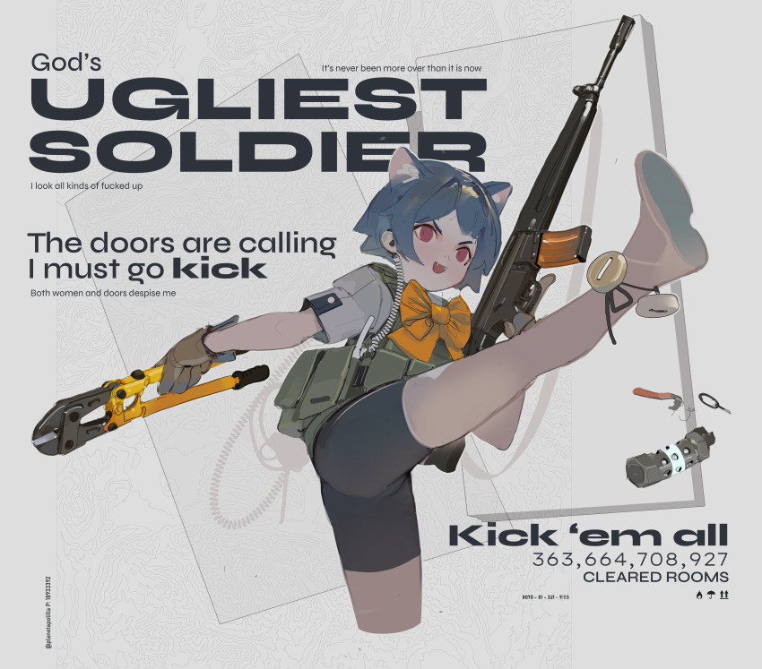 1girl absurdres ammunition_pouch animal_ears assault_rifle bike_shorts blue_hair bob_cut bolt_cutters boots born_to_die_world_is_a_fuck_(meme) bow bulletproof_vest carbine cat_ears cat_girl chest_rig commentary cropped_legs door_kickem_(polilla) earpiece english_commentary english_text evil_smile explosive fang flashbang gloves grenade grenade_pin gun gun_sling h&amp;k_hk33 hand_grenade high_kick highres holding holding_weapon it&#039;s_over_(meme) kicking less-than-lethal_weapon m84_stun_grenade meme open_mouth original polilla pouch profanity radio red_eyes rifle shirt short-barreled_rifle short_sleeves sleeves_rolled_up smile solo stun_grenade tactical_clothes trigger_discipline v-shaped_eyebrows weapon white_boots white_shirt wire yellow_bow