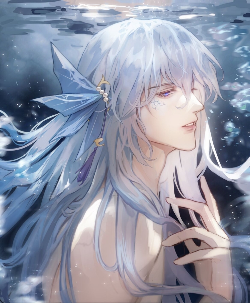 1boy air_bubble blue_background blue_eyes blue_hair blue_theme bubble fins head_fins highres light_and_night_love looking_at_viewer mermaid monster_girl pearl_hair_ornament solo underwater youshangdexianyuwangzi