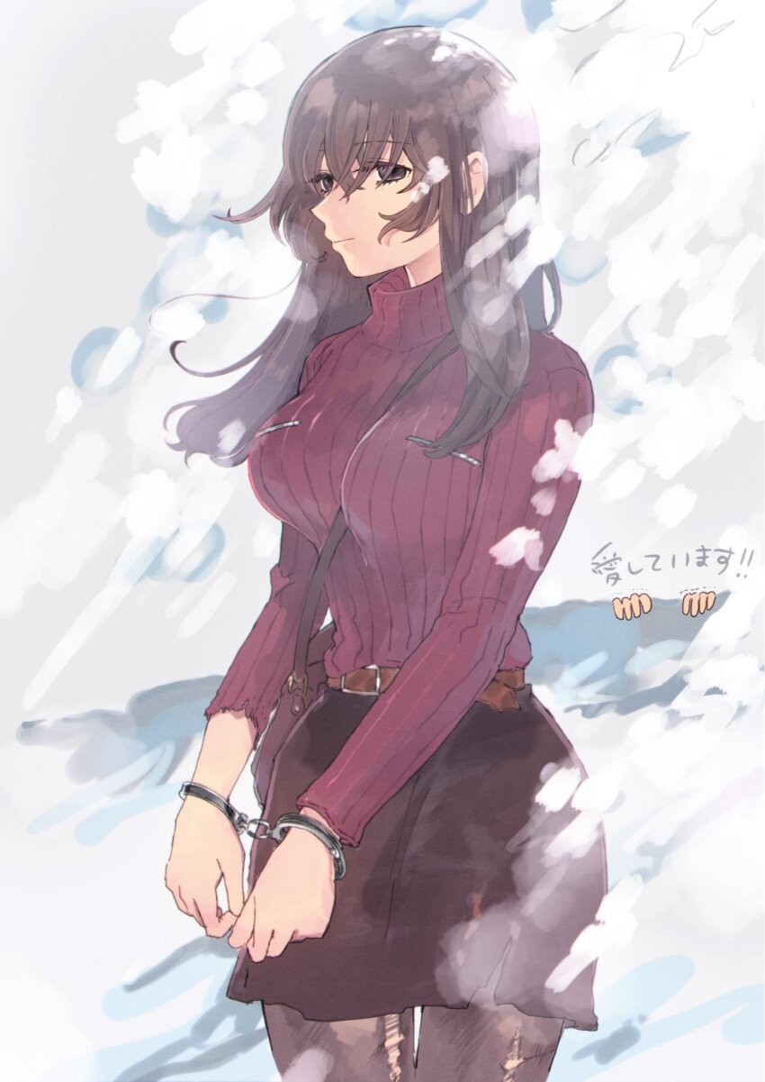 1girl bag belt between_breasts breasts brown_belt brown_eyes brown_hair brown_skirt closed_mouth cowboy_shot cuffed cuffs handbag handcuffs highres leggings long_hair miniskirt oyomidtarumi ribbed_sweater saeki_yuko skirt snowing strap_between_breasts sweater torn_clothes torn_leggings torn_skirt torn_sweater turtleneck turtleneck_sweater zettai_zetsumei_toshi zettai_zetsumei_toshi_2_itetsuita_kiokutachi