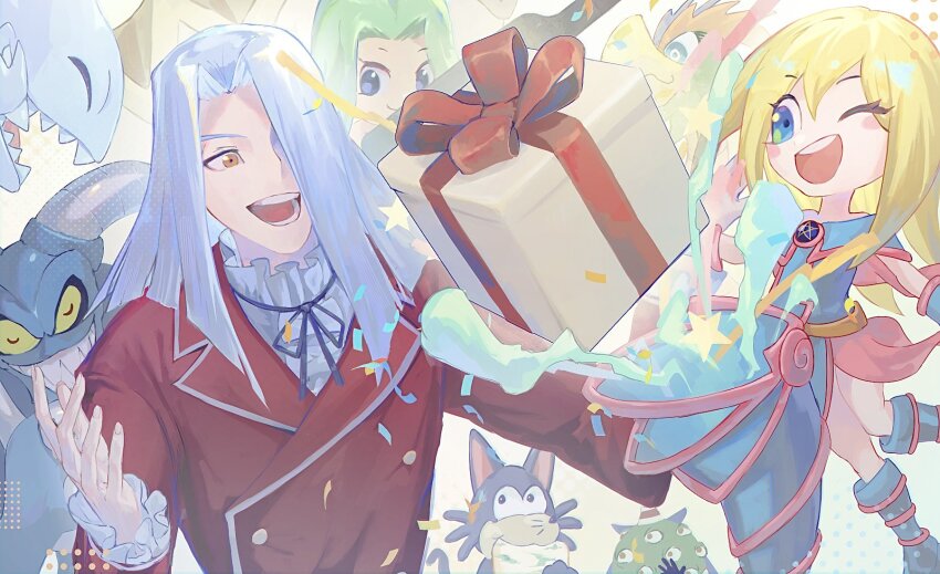 1boy 2girls ;d blonde_hair blue-eyes_toon_dragon blue-eyes_white_dragon blue_eyes brown_eyes colored_sclera dark_magician_girl demon dragon gift green_hair hat highres long_hair mimicat multiple_girls one_eye_closed open_mouth outstretched_arms parrot_dragon pegasus_j_crawford re_(pixiv_89203939) smile spread_arms thousand-eyes_idol toon_dark_magician_girl toon_mermaid toon_summoned_skull white_hair yellow_sclera yu-gi-oh! yu-gi-oh!_duel_monsters