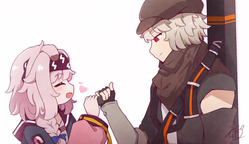 1boy 1girl animal_ears arknights black_gloves black_hairband cat_ears cat_girl closed_eyes closed_mouth commentary english_commentary fingerless_gloves gloves goldenglow_(arknights) grey_hair hairband heart highres kurotofu lightning_bolt_symbol long_hair open_mouth pinky_swear red_(npc)_(arknights) red_eyes short_hair signature simple_background white_background