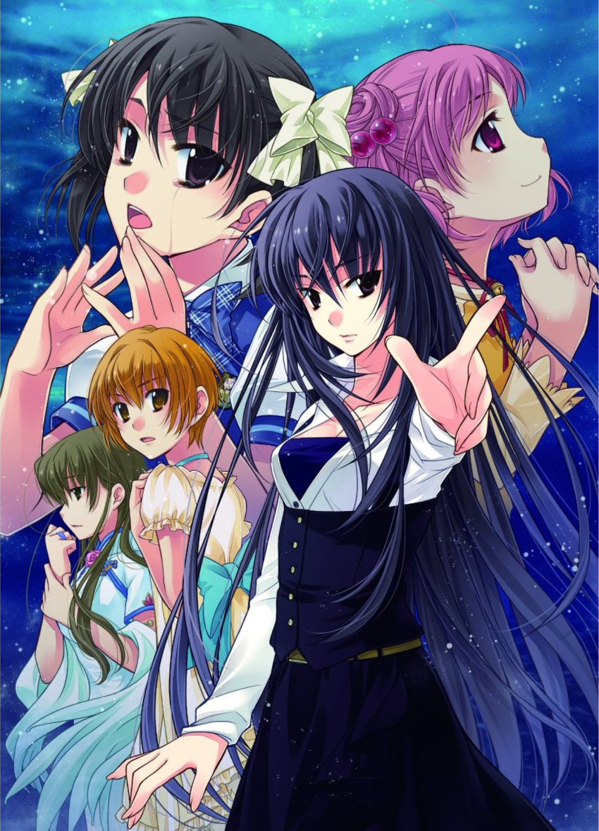 5girls akanegasaki_sora black_hair bow dress ever_17 highres komachi_tsugumi long_hair matsunaga_sara multiple_girls non-web_source open_mouth pink_hair short_hair takigawa_yuu tanaka_yubiseiakikana twintails very_long_hair yagami_coco