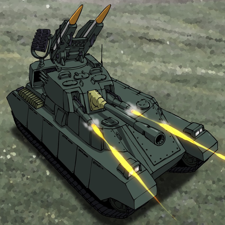 160mm_cannon 200mm_cannon absurdres camouflage destroy_all_monsters firing godzilla_(series) highres hirodango hybrid_tank japan_ground_self-defense_force japan_self-defense_force military military_vehicle missile missile_launcher missile_rack motor_vehicle multipurpose_tank no_humans radar_dish rocket_launcher smoke tank toho weapon weapon_focus