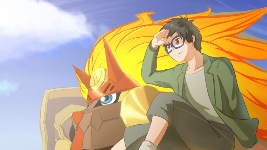 absurdres armor blonde_hair blue_eyes digimon digimon_rearise glasses heavyleomon highres long_hair smile tamada_keito