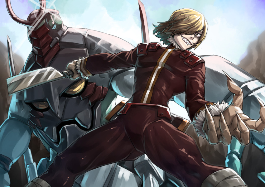 1boy absurdres blonde_hair cleaver day enki_(gurren_lagann) fingernails foreshortening glint grin hair_over_one_eye highres hold111 holding holding_cleaver holding_weapon long_sleeves looking_at_viewer male_focus mecha outdoors robot sharp_fingernails sharp_teeth short_hair smile solo standing teeth tengen_toppa_gurren_lagann viral_(ttgl) weapon