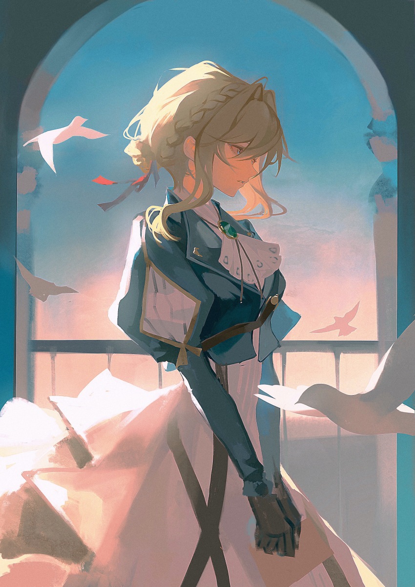 1girl absurdres ascot balcony bird black_gloves blonde_hair blue_eyes blue_jacket bolo_tie braid brooch chinese_commentary cropped_jacket dress dusk feet_out_of_frame from_side gem gloves green_brooch green_gemstone hair_between_eyes hair_bun hair_intakes hair_ribbon half_up_braid highres holding holding_letter jacket jewelry juliet_sleeves lapels letter long_sleeves looking_ahead own_hands_together parted_lips profile puffy_sleeves red_ribbon ribbon sidelocks single_hair_bun solo standing v_arms violet_evergarden violet_evergarden_(series) white_ascot white_dress yaqing