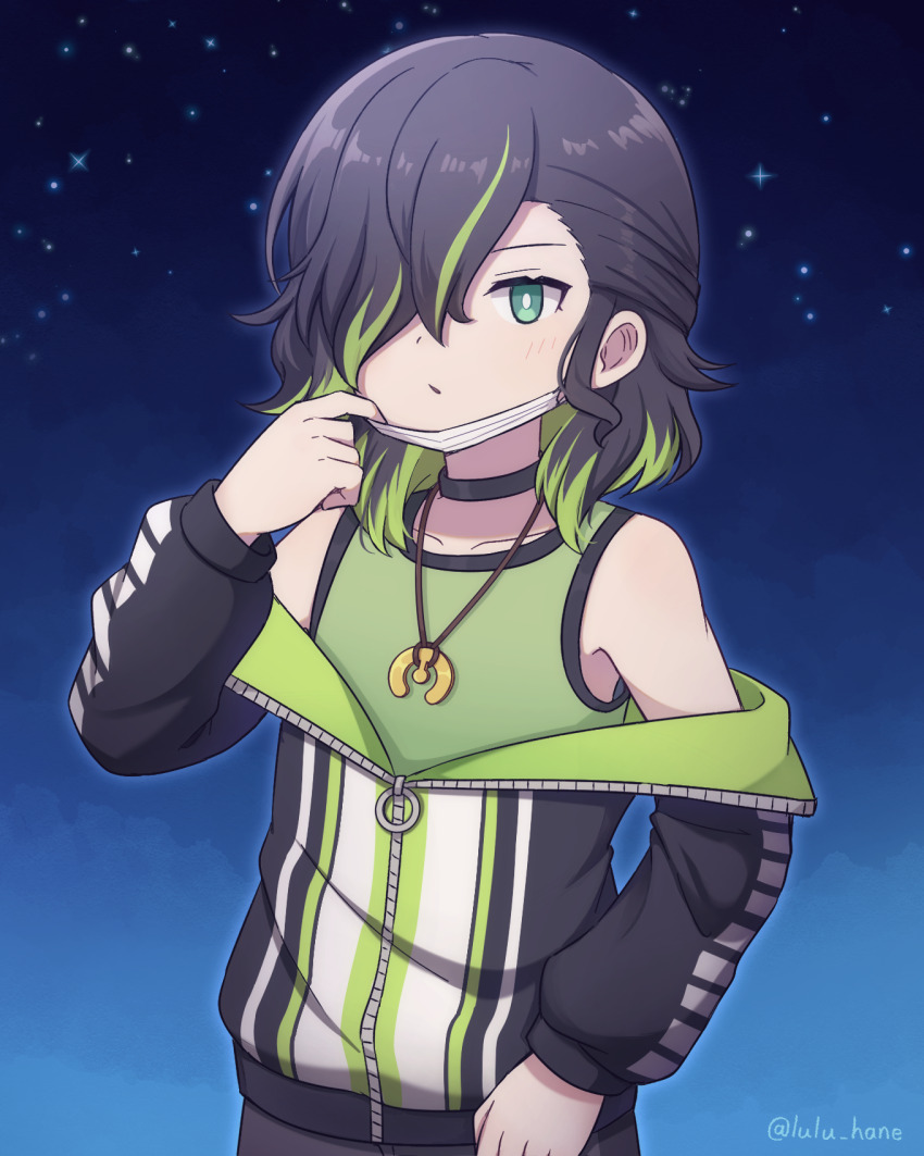 1boy adjusting_mask androgynous aqua_eyes artist_name asymmetrical_bangs black_background black_choker black_hair black_jacket blue_background bright_pupils choker cowboy_shot gradient_background green_hair green_jacket green_tank_top hair_over_one_eye half_updo hand_up highres jacket jewelry kirigakure_ranto looking_ahead lulu_hane male_focus mask mask_pull medium_hair mouth_mask multicolored_hair multicolored_jacket necklace off_shoulder parted_lips partially_unzipped solo standing star_(sky) streaked_hair tank_top two-tone_background white_jacket white_pupils youkai_watch zipper zipper_pull_tab