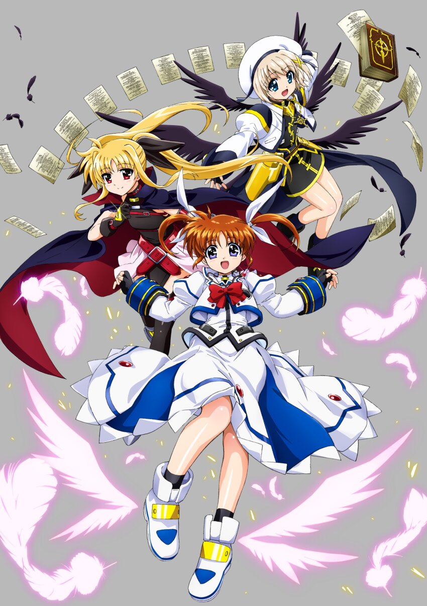 3girls absurdres ankle_wings artist_request black_gloves black_wings blonde_hair book bow brown_hair cape cropped_jacket crossed_belts detached_wings energy_wings fate_testarossa fate_testarossa_(lightning_form) feathers fingerless_gloves floating floating_book floating_object gloves grey_background hair_ornament highres juliet_sleeves long_sleeves lyrical_nanoha magical_girl mahou_shoujo_lyrical_nanoha mahou_shoujo_lyrical_nanoha_a&#039;s multiple_girls multiple_wings official_art open_mouth pages puffy_sleeves raising_heart raising_heart_(standby_mode) red_bow schwertkreuz schwertkreuz_(standby_form) showgirl_skirt simple_background smile takamachi_nanoha takamachi_nanoha_(sacred_mode) tome_of_the_night_sky twintails two-sided_cape two-sided_fabric unison_(nanoha) w_arms wings x_hair_ornament yagami_hayate