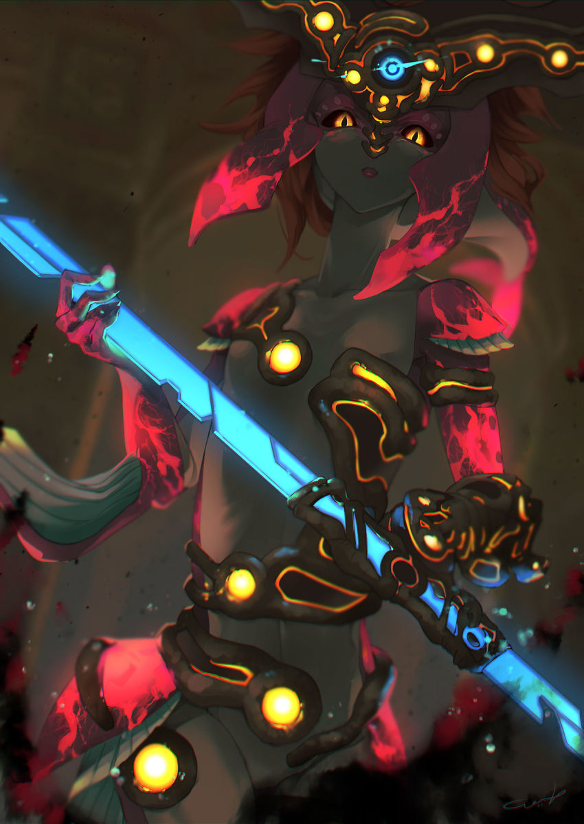 1girl aura black_sclera black_skin colored_sclera colored_skin corruption cowboy_shot dark_aura dark_persona fins fish_girl glowing glowing_eyes hair_ornament highres holding holding_polearm holding_weapon kandori_makoto lance looking_at_viewer looking_down mechabare mipha monster_girl multicolored_skin nintendo no_eyebrows parted_lips polearm possessed possession red_hair red_skin slit_pupils solo the_legend_of_zelda the_legend_of_zelda:_breath_of_the_wild waterblight_ganon weapon yellow_eyes zora