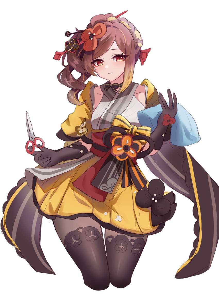 1girl black_gloves blonde_hair brown_hair brown_pantyhose chiori_(genshin_impact) commentary_request cowboy_shot cropped_legs elbow_gloves genshin_impact gloves hair_ornament hair_stick highres holding holding_scissors japanese_clothes kimono looking_at_viewer medium_hair multicolored_hair obi orange_eyes pantyhose rumi_(xafv5772) sash scissors short_kimono side_ponytail smile solo streaked_hair white_background wide_sleeves yellow_kimono