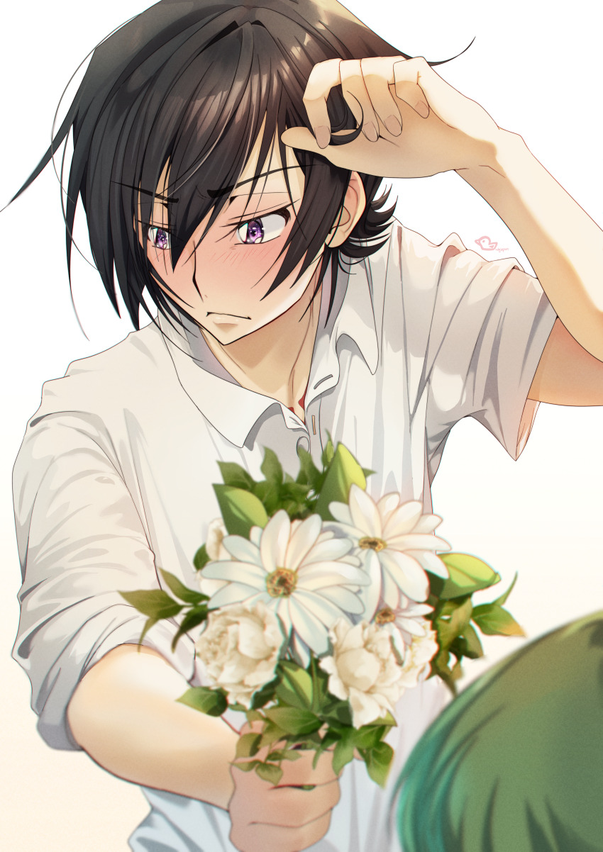 &gt;:( 1boy 1girl absurdres arm_up black_hair blurry blush bouquet budgiepon c.c. closed_mouth code_geass collared_shirt commentary depth_of_field dress_shirt embarrassed fingernails flower frown hair_between_eyes hand_up hetero highres holding holding_bouquet leaf lelouch_vi_britannia looking_to_the_side male_focus nose nose_blush purple_eyes shirt short_hair signature simple_background sleeves_rolled_up solo_focus v-shaped_eyebrows white_background white_day white_flower white_shirt