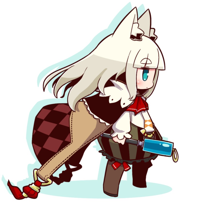 1girl 7th_dragon 7th_dragon_(series) animal_ear_fluff animal_ears argyle black_footwear blue_eyes blunt_bangs blush brown_pantyhose bubble_skirt cape closed_mouth commentary_request female_focus frilled_skirt frills holding ikurakun_(7th_dragon) long_hair long_sleeves mage_(7th_dragon) naga_u pantyhose profile puffy_long_sleeves puffy_sleeves red_neckwear shadow shirt skirt solo striped_clothes striped_shirt thick_eyebrows vertical-striped_clothes vertical-striped_shirt white_background white_hair white_shirt