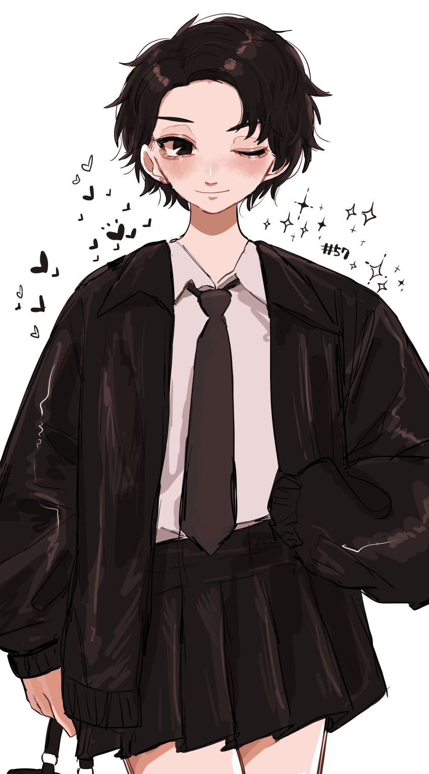 1girl absurdres aegyo_sal arm_at_side bag black_jacket black_necktie black_skirt earrings hand_in_pocket handbag highres jacket jewelry koucha_(pankeki_koucha) light_smile looking_at_viewer necktie one_eye_closed original piercing shirt short_hair simple_background skirt standing stud_earrings tomboy white_background white_shirt