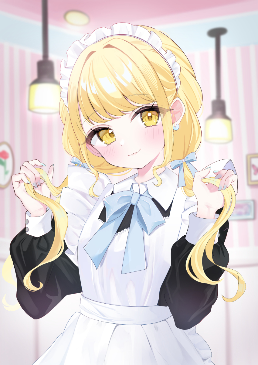 1girl absurdres alternate_costume apron black_dress blonde_hair blue_ribbon blush commentary_request dress earrings enmaided fujita_kotone gakuen_idolmaster hair_ribbon head_tilt heart heart_earrings highres idolmaster indoors jewelry long_hair long_sleeves maid maid_apron maid_headdress neck_ribbon ribbon smile solo tataki_maguro twintails upper_body white_apron yellow_eyes