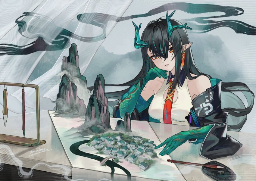 arknights bare_shoulders black_hair black_jacket breasts cleavage_cutout clothing_cutout collared_shirt colored_extremities contrast_collar dragon_girl dragon_horns dusk_(arknights) earrings green_hair hair_between_eyes highres horns jacket jewelry long_hair looking_at_viewer medium_breasts multicolored_hair necktie off_shoulder orange_eyes parted_lips pointy_ears red_necktie shirt streaked_hair umi2wa white_shirt
