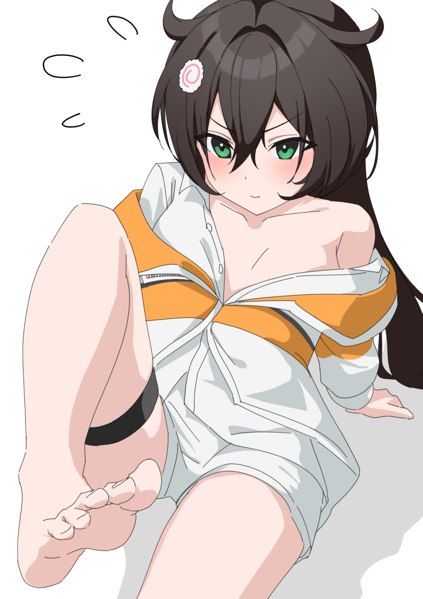 1girl bare_shoulders barefoot blush breasts brown_hair cleavage closed_mouth collarbone collared_shirt food goddess_of_victory:_nikke green_eyes hair_intakes hair_ornament hatenoga highres jacket kamaboko long_hair looking_at_viewer multicolored_jacket narutomaki off-shoulder_shirt off_shoulder orange_jacket shirt shorts sitting small_breasts solo thigh_strap trony_(nikke) two-tone_jacket white_jacket white_shirt white_shorts