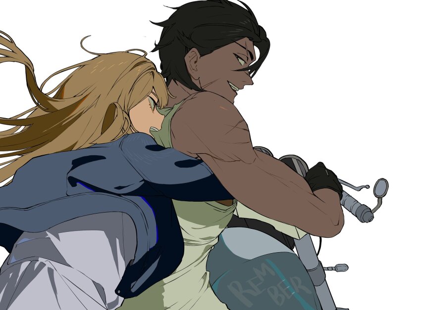 1boy 1girl :d bare_shoulders black_gloves black_hair blue_jacket brown_eyes brown_hair catherine_(project_moon) commentary dark-skinned_male dark_skin driving english_commentary floating_hair front-to-back gloves heathcliff_(project_moon) highres hug hug_from_behind jacket limbus_company long_hair looking_ahead looking_at_another looking_back motor_vehicle motorcycle on_motorcycle open_mouth project_moon scar scar_across_eyebrow scar_on_face short_hair simple_background smile tank_top white_background yongsadragon