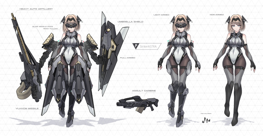 1girl absurdres armor bare_shoulders blonde_hair bodysuit boots breasts covered_navel elbow_gloves fingerless_gloves full_body gloves gun head-mounted_display headgear highres holding holding_gun holding_weapon impossible_bodysuit impossible_clothes large_breasts leotard looking_at_viewer mecha_musume multiple_views original pantyhose reference_sheet rifle science_fiction sherman_(egnk2525) shield short_hair skin_tight thighhighs weapon white_background