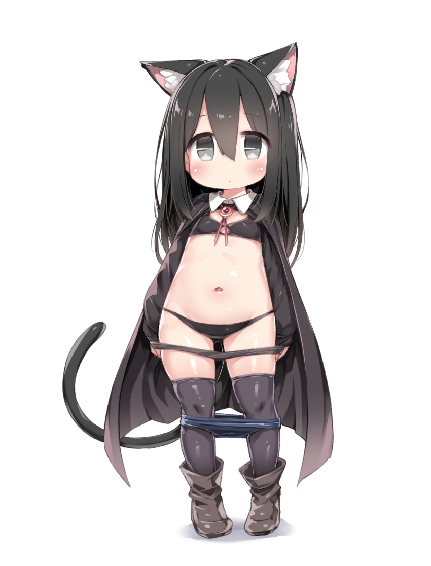 1girl animal_ear_fluff animal_ears black_boots black_cape black_eyes black_hair black_thighhighs blush boots cape cat_ears cat_girl cat_tail closed_mouth commentary_request flat_chest full_body highres long_hair looking_at_viewer navel original tail tamase_tama thighhighs