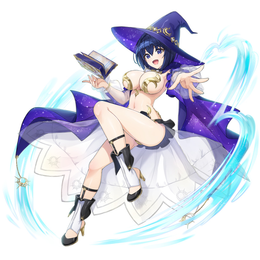 1girl :d armor bikini_armor blue_eyes blue_hair book breasts cape cleavage detached_sleeves dolphin_wave game_cg grimoire hat high_heels highres large_breasts magic microskirt midair navel non-web_source official_art ootomo_takuji open_mouth purple_cape revealing_clothes short_hair skindentation skirt smile solo starry_sky_print tojou_michiru transparent_background two-tone_cape white_cape wind wizard wizard_hat