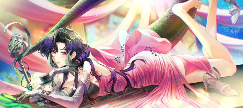 1girl anjo_nala bare_legs bare_shoulders barefoot black_hair blue_sky breasts character_doll curled_horns demon_girl dress elbow_gloves feet_up fireworks foot_out_of_frame gloves green_tail grey_gloves grey_horns grey_shoes hair_ornament high_heels highres holding holding_stuffed_toy horns large_breasts legs_up lizard_tail long_hair looking_at_viewer looking_down low_horns lying microphone microphone_stand on_stomach parted_lips pink_dress purple_eyes reverse:1999 shoe_dangle shoes sieka_(piiroinardesco) sky sleeveless sleeveless_dress solo stuffed_toy tail the_pose unworn_shoes vertin_(reverse:1999) vintage_microphone window
