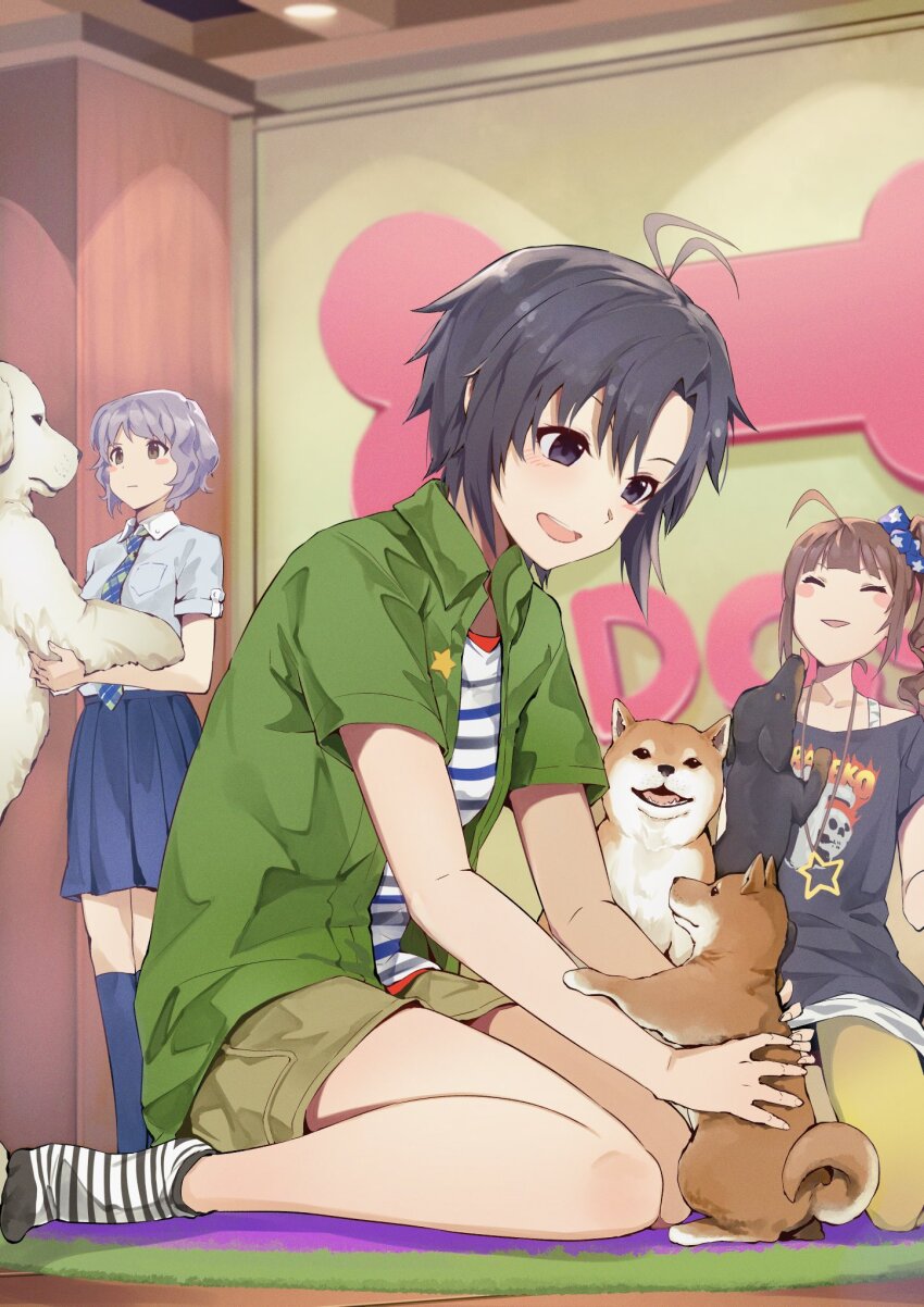 3girls animal antenna_hair black_hair collared_shirt commentary_request dog golden_retriever highres holding holding_animal idolmaster idolmaster_(classic) idolmaster_million_live! idolmaster_million_live!_theater_days kikuchi_makoto light_blush makabe_mizuki multiple_girls on_floor open_clothes open_shirt overshirt pantyhose parted_bangs shirt shorts sidelocks socks striped_clothes striped_shirt striped_socks taka.yana yellow_pantyhose yokoyama_nao