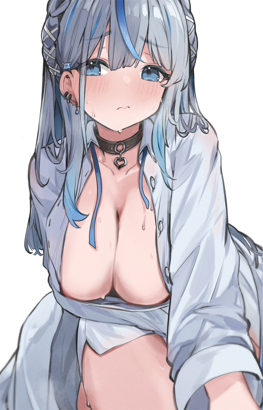 1girl amagai_ruka appleseed_(appleseed_art) arm_under_breasts black_collar blue_eyes blue_hair braid breasts center-flap_bangs cleavage closed_mouth collar commentary_request double-parted_bangs ear_piercing earrings gradient_hair grey_hair heart_pendant highres jewelry long_hair long_sleeves looking_at_viewer multicolored_hair naked_shirt o-ring_collar partially_unbuttoned pendant_collar piercing reaching reaching_towards_viewer shirt side_braids sidelocks simple_background skirt solo streaked_hair sweat two-tone_hair virtual_youtuber wavy_mouth weather_planet white_background white_shirt