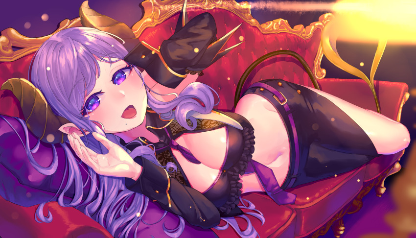 1girl absurdres arm_behind_head belt between_breasts black_skirt black_sleeves black_tank_top blush breasts brown_horns chaise_longue cleavage cleavage_cutout clothing_cutout collared_shirt commentary_request crop_top demon_girl demon_horns demon_tail detached_sleeves frilled_tank_top futayamam2 gold_trim groin highres honey_strap horns lace_trim large_breasts light_particles lips long_hair looking_at_viewer lowleg lowleg_skirt lying mole mole_under_mouth nanashi_inc. navel necktie necktie_between_breasts nose_blush on_side open_mouth pointy_ears purple_belt purple_eyes purple_hair purple_necktie saionji_mary saionji_mary_(1st_costume) shirt side_slit sidelocks skirt sleeve_cuffs smile solo swept_bangs tail tank_top virtual_youtuber wide_hips