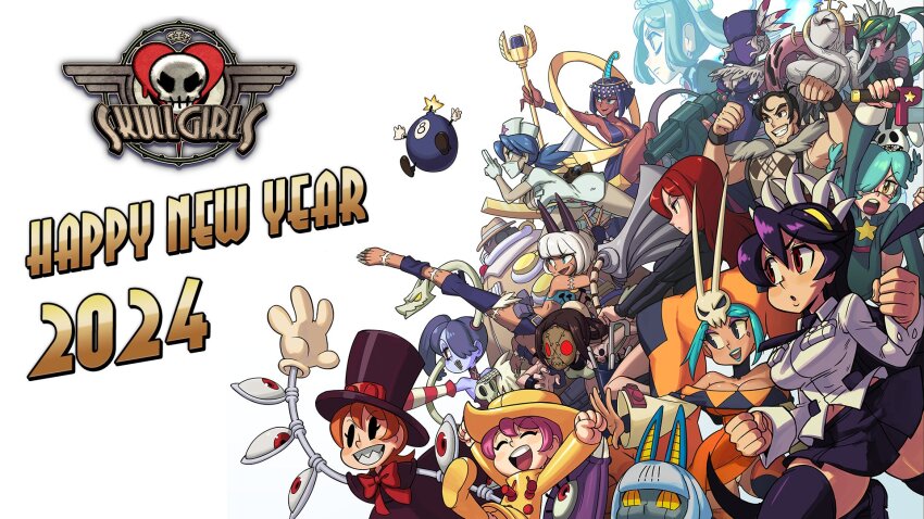2024 2boys 6+girls android annie_(skullgirls) arm_cannon barefoot beowulf_(skullgirls) big_band black_dahlia black_hair bloody_marie_(skullgirls) blue_eyes blue_hair blue_skin boots breasts cat_girl cerebella_(skullgirls) claws cleavage closed_eyes colored_skin cyborg dark-skinned_female dark_skin detached_collar detached_sleeves double_(skullgirls) dress eliza_(skullgirls) english_text everyone eyepatch eyeshadow fedora filia_(skullgirls) fukua_(skullgirls) george_the_bomb gloves green_eyes green_lips hair_over_one_eye hat highres holding holding_sword holding_weapon kinuko_(kinucakes) large_breasts latex latex_gloves leviathan_(skullgirls) lipstick long_hair looking_to_the_side makeup mariel_cartwright mask microphone microphone_stand monster monster_girl mouth_mask ms._fortune_(skullgirls) multiple_boys multiple_girls muscular muscular_male necktie new_year nurse_cap official_art open_mouth painwheel_(skullgirls) parasoul_(skullgirls) peacock_(skullgirls) pink_hair pleated_skirt ponytail purple_hair red_eyes red_hair robo-fortune sagan_(skullgirls) samson_(skullgirls) scar school_uniform sharp_teeth short_dress short_hair skirt skullgirls smile squigly_(skullgirls) stitched_mouth stitches striped_sleeves surgical_mask suspenders sword teeth thighhighs tiara umbrella_(skullgirls) valentine_(skullgirls) vice-versa_(skullgirls) weapon white_background wristband zombie