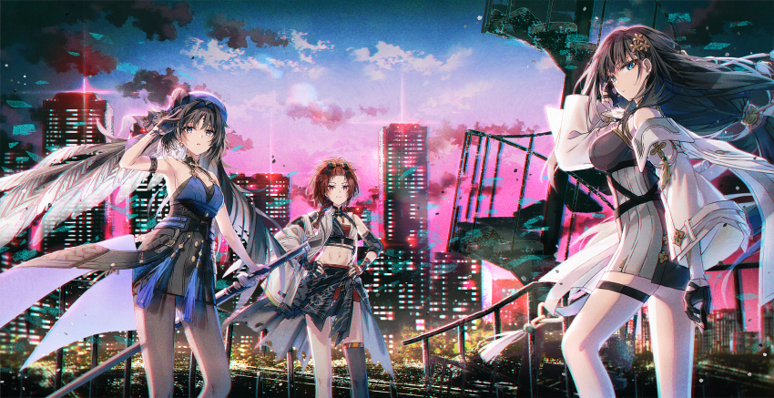 3girls arm_strap asymmetrical_gloves baizhi_(wuthering_waves) bandaged_chest bangs_pinned_back bare_shoulders beret black_bow black_collar black_dress black_eyes black_gloves black_hair black_pantyhose black_skirt black_thighhighs blue_hair blue_hat blue_shirt blue_sky bow breasts bright_pupils chest_sarashi chixia_(wuthering_waves) chromatic_aberration cleavage closed_mouth clothes_around_waist collar collarbone commentary cowboy_shot detached_sleeves dress feather_hair film_grain glove_cutout gloves gradient_sky green_eyes hair_intakes hakusai_(tiahszld) half_gloves hand_up hands_on_own_hips hat hat_bow highres holding holding_sword holding_weapon jacket large_breasts long_hair looking_at_viewer medium_breasts multiple_girls navel outdoors pantyhose parted_lips purple_sky red_eyes red_gloves red_hair red_shorts sarashi scabbard sheath sheathed shirt shorts single_glove single_thighhigh skirt sky skyline smile standing stomach sword symbol-only_commentary tacet_mark_(wuthering_waves) thigh_strap thighhighs very_long_hair weapon white_jacket white_pupils white_sleeves wuthering_waves yangyang_(wuthering_waves)