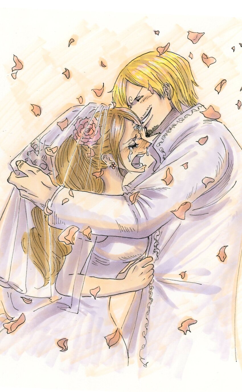 1boy 1girl absurdres black_eyes blonde_hair blush breasts bridal_veil bride brown_hair charlotte_pudding curly_eyebrows dress drill_hair facial_hair falling_petals fengcheche highres large_breasts long_hair one_piece open_mouth petals sanji_(one_piece) short_hair smile swept_bangs teardrop tears twintails veil very_long_hair wedding_dress