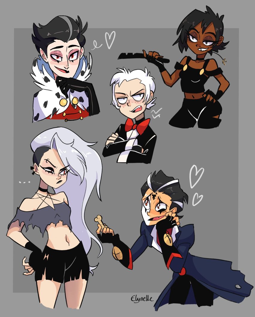 ... 2girls 3boys annoyed artist_name black_eyes black_hair black_lips black_pants blitzo_(helluva_boss) bow bowtie breasts choker coat crossed_arms dark_skin dog_treat ear_piercing elynelleart eyebrow_piercing face_piercing facial_mark fang fingerless_gloves formal_clothes fur-trimmed_robe fur_trim gloves grey_background grey_hair hand_on_own_face hand_on_own_hip heart hellaverse helluva_boss highres holding humanization long_hair looking_at_another looking_at_viewer looking_to_the_side loona_(helluva_boss) millie_(helluva_boss) mouth_hold moxxie_(helluva_boss) multicolored_hair multiple_boys multiple_girls pants piercing red_bow red_bowtie red_eyes ribbon_choker robe short_shorts shorts signature small_breasts smirk squinting stalk_in_mouth stolas_(helluva_boss) suit tank_top tooth_gap torn_clothes two-tone_background two-tone_hair vitiligo white_hair