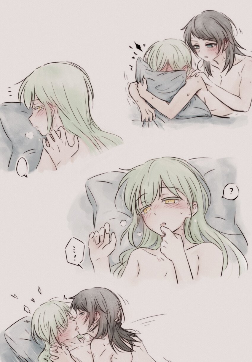 2girls ? bang_dream! bang_dream!_it&#039;s_mygo!!!!! black_hair blue_eyes blush commentary french_kiss green_hair hand_in_another&#039;s_hair highres holding_hands hugging_object interlocked_fingers kiss long_hair multiple_girls nude pillow pillow_hug spoken_question_mark sweat wakaba_mutsumi yahata_umiri yakaze_(yakaze1604) yellow_eyes yuri
