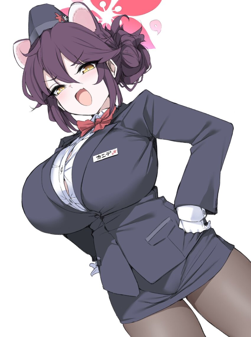 1girl ahoge animal_ears bebebe_(pepegakii) black_hair black_jacket black_skirt blue_archive blush bow bowtie breasts collared_shirt garrison_cap gloves hair_bun halo hat highres jacket kaede_(blue_archive) kaede_(guide)_(blue_archive) large_breasts looking_at_viewer medium_hair open_mouth pantyhose pencil_skirt raccoon_ears raccoon_girl shirt sidelocks skirt smile solo white_gloves white_shirt yellow_eyes