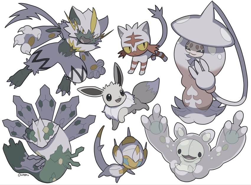 alternate_color aqua_eyes arms_up claws closed_mouth commentary eevee english_commentary fangs gen_1_pokemon gen_5_pokemon gen_6_pokemon gen_7_pokemon gen_8_pokemon hatterene highres jitome legendary_pokemon litten looking_to_the_side mythical_pokemon nintendo no_humans official_alternate_color open_mouth ouran poipole pokemon pokemon_(creature) pokemon_focus reuniclus shiny_pokemon slit_pupils smile smirk tongue ultra_beast white_background white_theme yellow_eyes zeraora zygarde zygarde_(50)