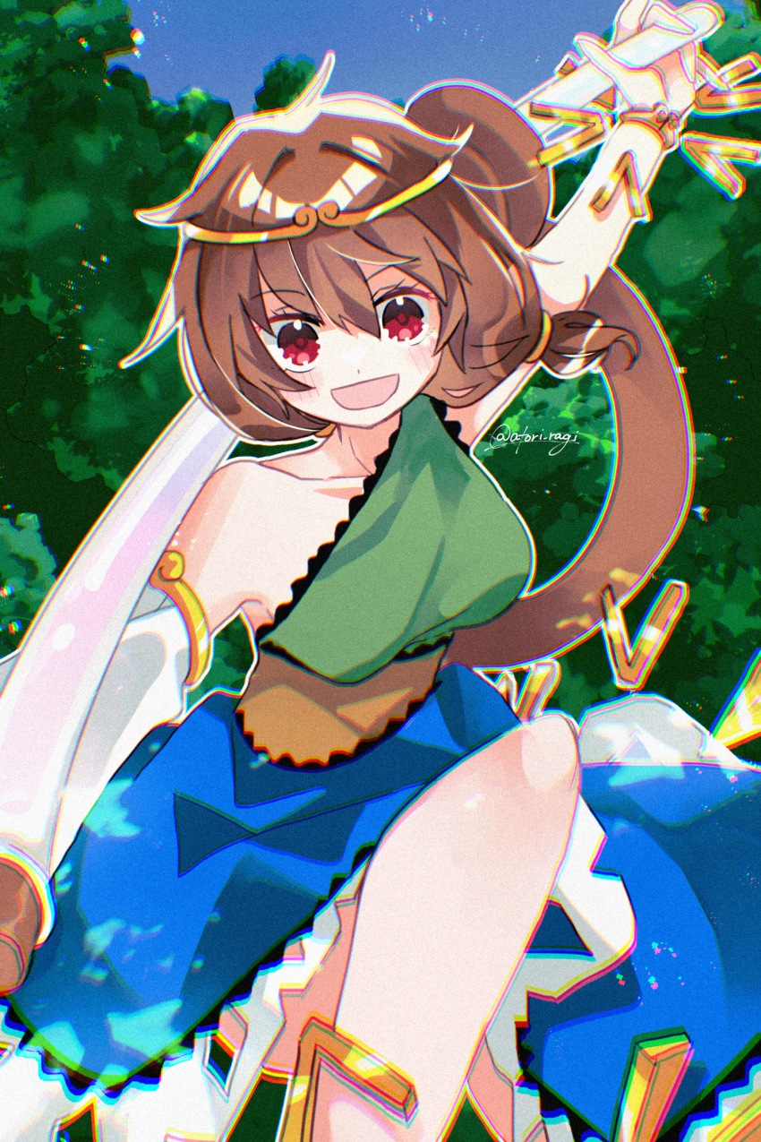 1girl blue_dress bo_staff brown_hair circlet collarbone commentary_request detached_sleeves dress green_dress highres katsuragi_atori looking_at_viewer monkey_girl monkey_tail multicolored_dress open_mouth ruyi_jingu_bang single-shoulder_dress single_detached_sleeve smile solo son_biten tail tail_wrap touhou white_sleeves yellow_dress
