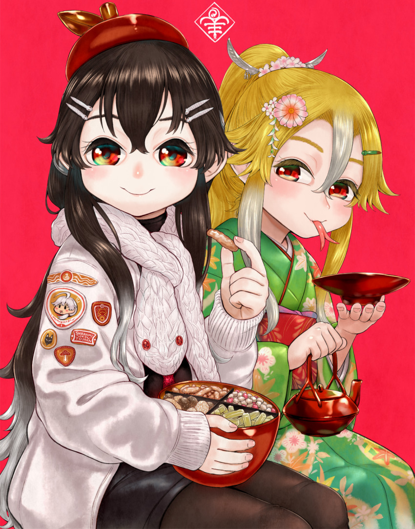 2girls :p blonde_hair blush bowl chinese_zodiac commentary_request flower food forked_tongue hair_flower hair_ornament hairclip hat highres jacket japanese_clothes kimono long_hair looking_at_viewer mimit multiple_girls nengajou new_year original ponytail red_eyes scarf sitting smile tongue tongue_out towako_(akane_shinsha) year_of_the_snake