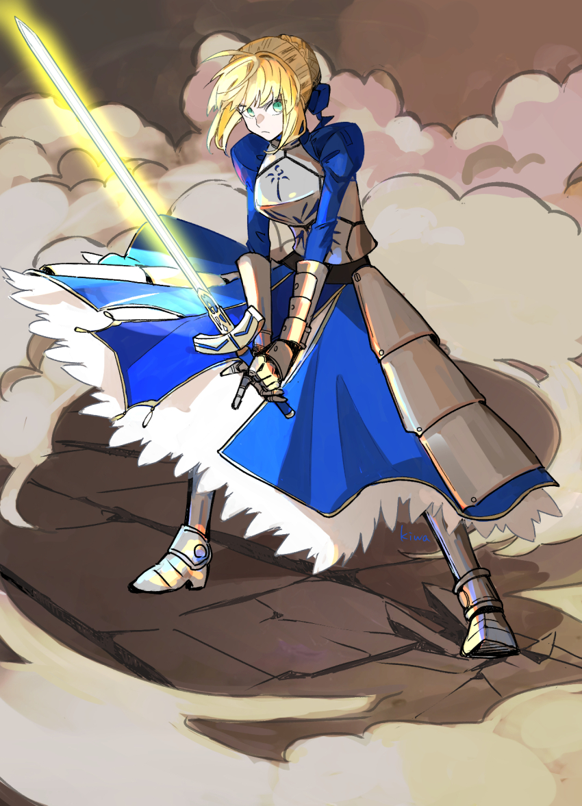1girl ahoge armor armored_dress artoria_pendragon_(fate) blonde_hair blue_dress blue_ribbon braid breasts dress dust_cloud excalibur_(fate/stay_night) fate/grand_order fate/stay_night fate_(series) gauntlets green_eyes hair_bun hair_ribbon highres holding holding_sword holding_weapon ki_wa001 long_sleeves medium_breasts ribbon saber_(fate) short_hair solo sword weapon