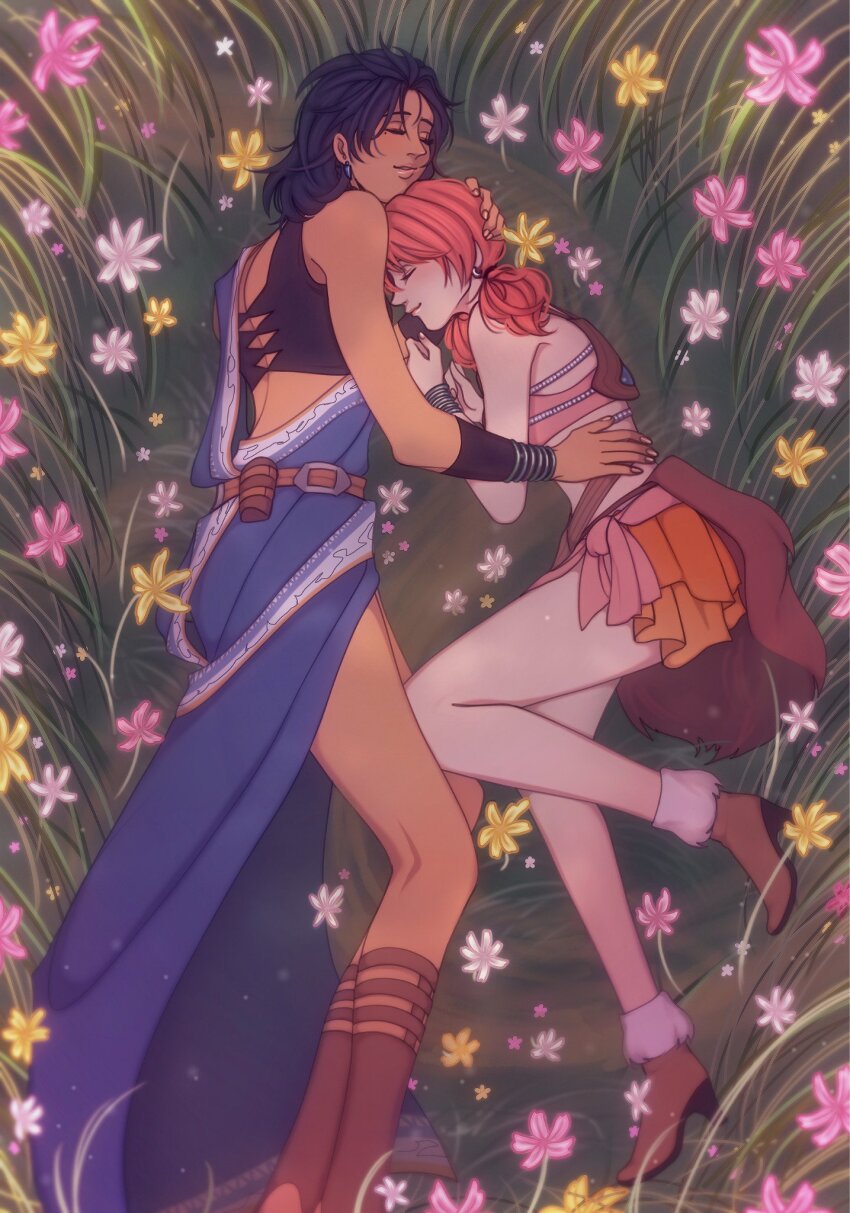 2girls black_hair closed_eyes commentary couple dark-skinned_female dark_skin english_commentary final_fantasy final_fantasy_xiii flower grass hand_on_another&#039;s_head highres hug indian_clothes jewelry long_hair lying multiakimo multiple_girls oerba_dia_vanille oerba_yun_fang on_grass on_side orange_hair outdoors pink_hair sari short_twintails smile twintails yuri