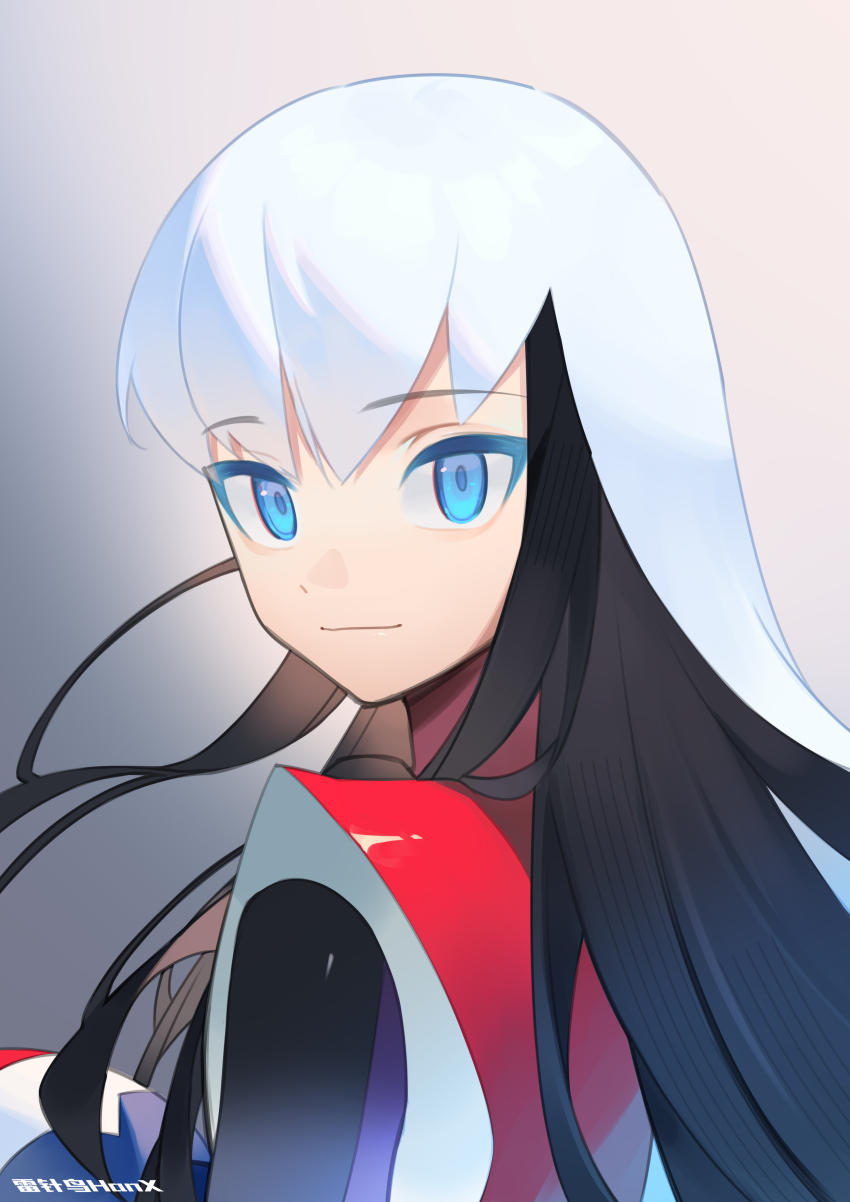 1boy absurdres armor black_hair blue_eyes buzzsaw_(6631455) cosplay eugene_chaud_(mega_man) from_behind helmet highres holding holding_helmet long_hair looking_at_viewer looking_back male_focus mega_man_(series) mega_man_battle_network_(series) multicolored_hair protoman.exe protoman.exe_(cosplay) red_armor solo two-tone_hair unworn_headwear unworn_helmet upper_body white_hair